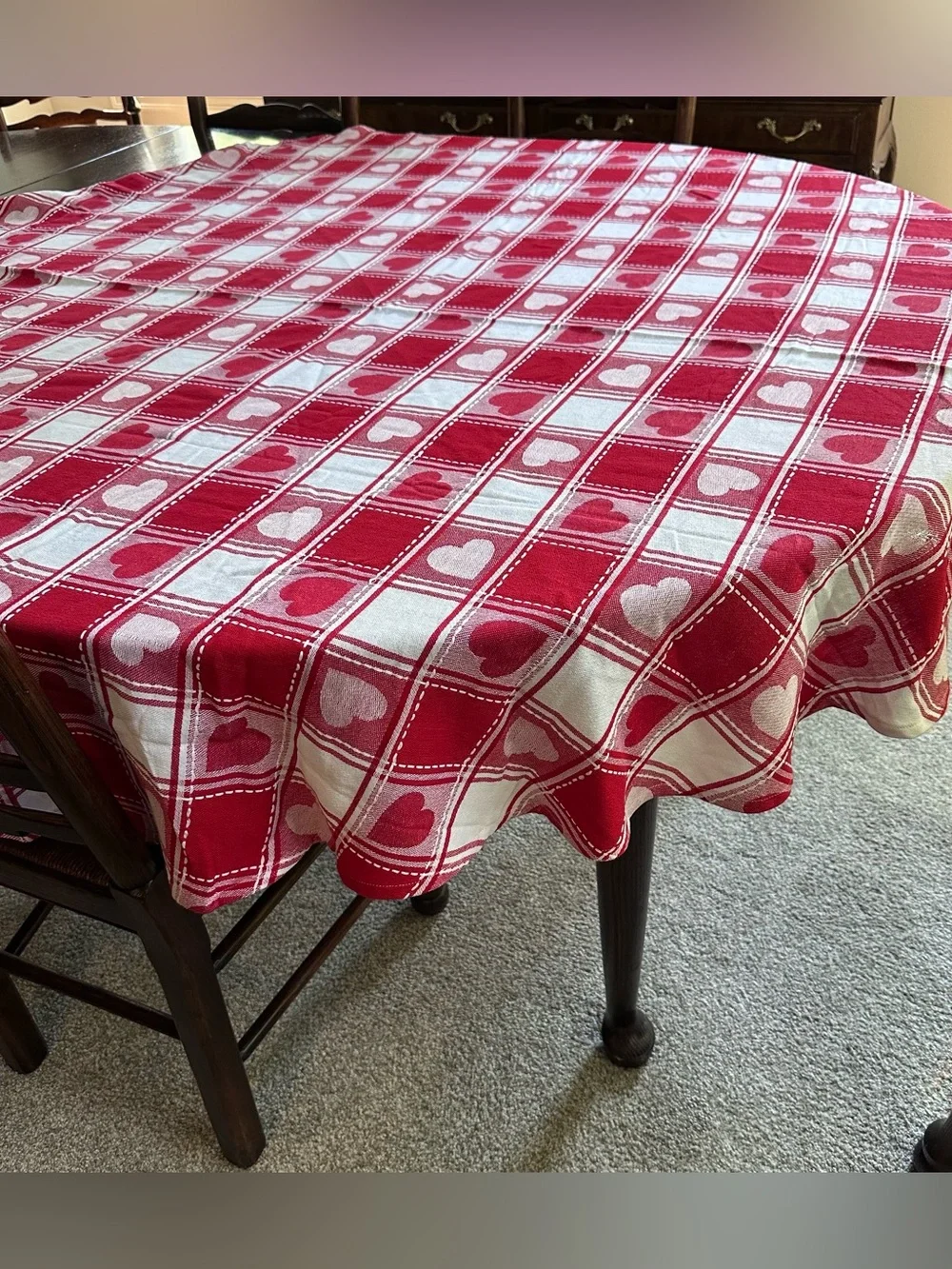 Vintage Park B Smith Valentine Red White Heart Checkered Tablecloth Round 70